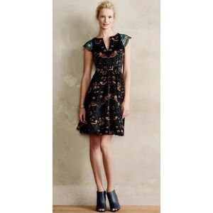 Anthropologie Eva Franco Larksong Bird Corduroy Dress Womens 6 Navy Floral Lace
